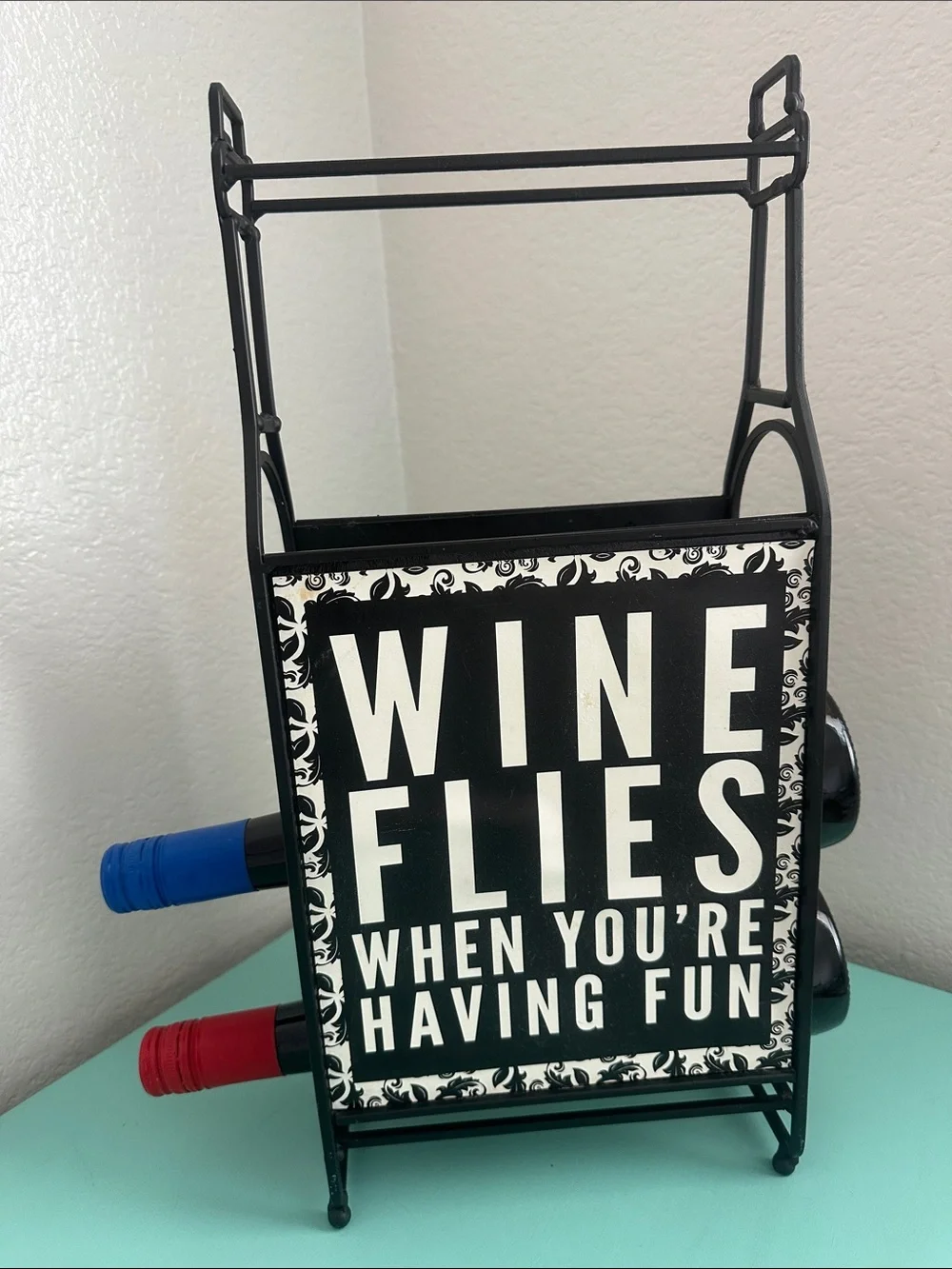 Wine Bottle Rack Décor ‘Wine Flies When You’re Having Fun’-used-good condition